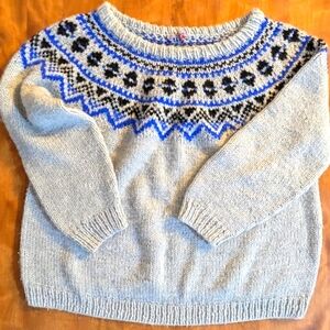 Handmade Nordic Crewneck Sweater - Light Gray with Blue & Black Pattern